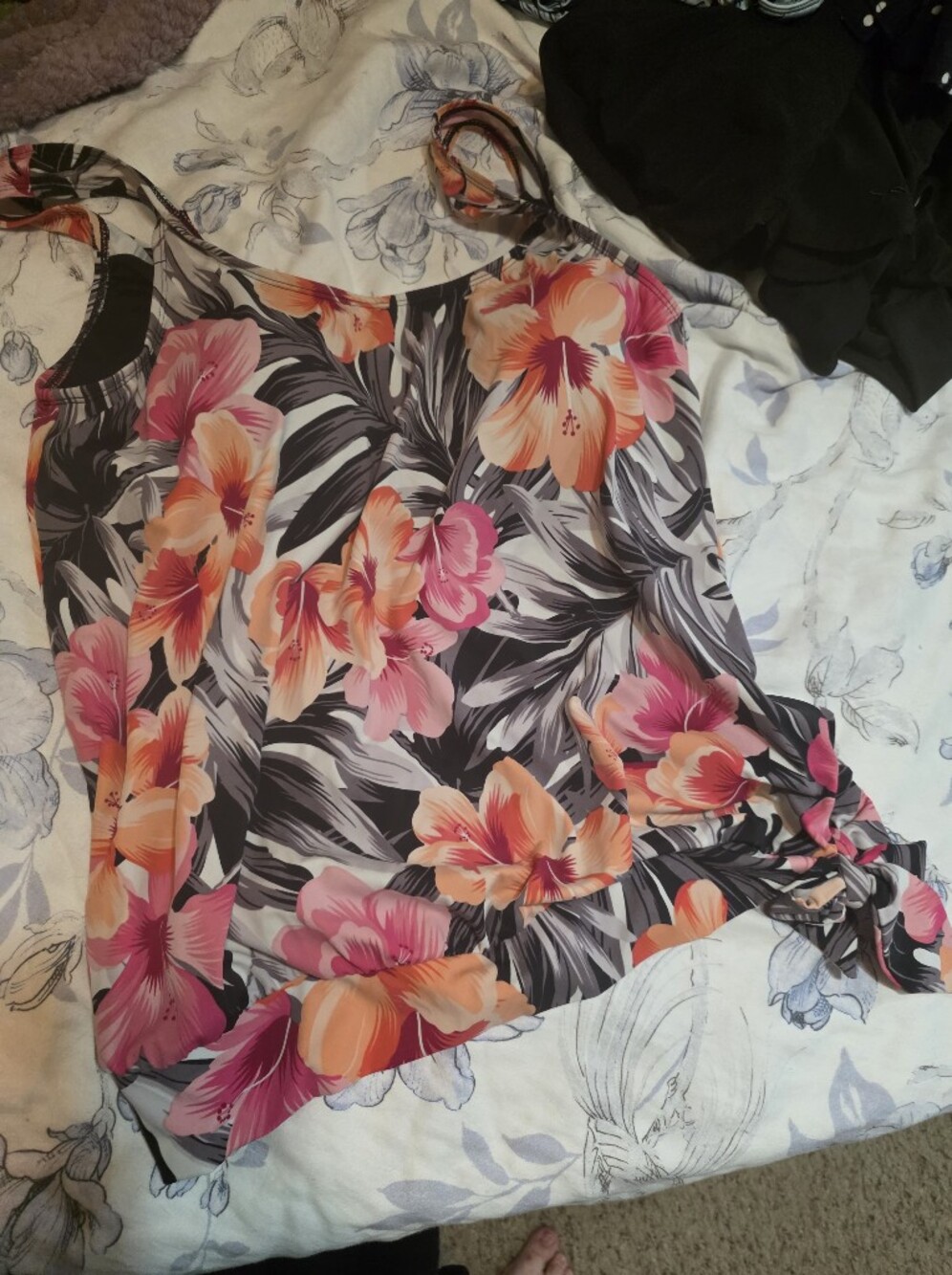Floral Tie-Hem Women's Tankini - Pink & Orange